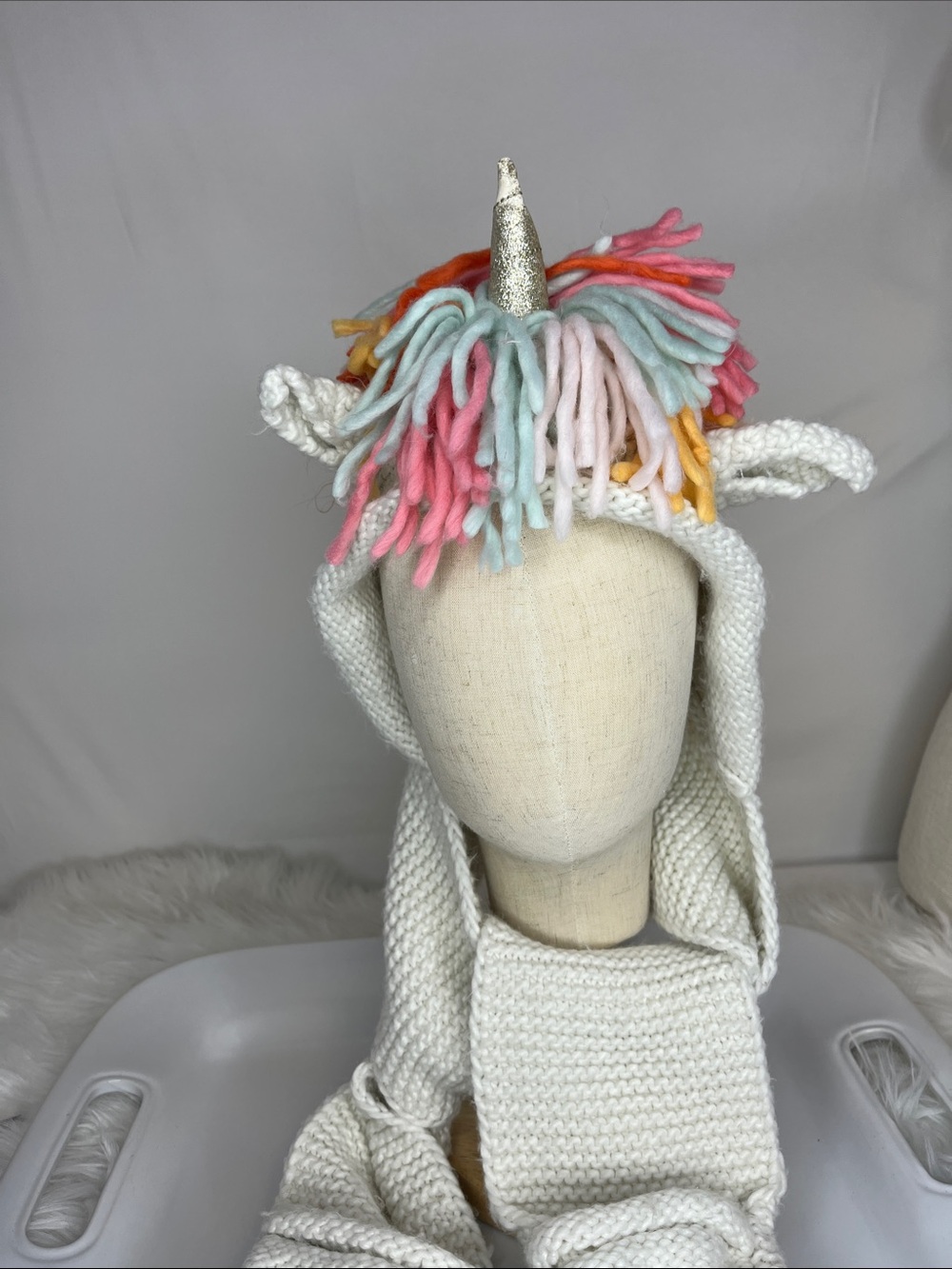 Knit Unicorn Hood with Pastel Mane and scarf and half mitten